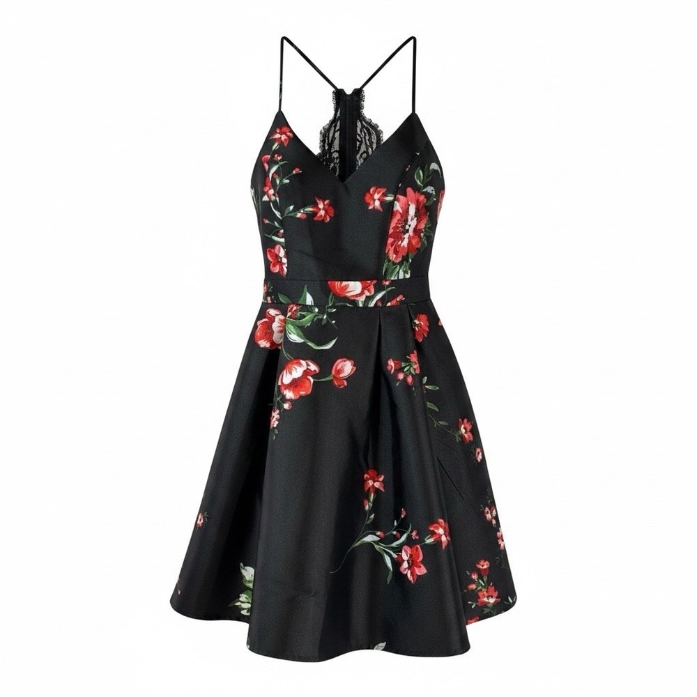 B. Smart Fit & Flare Dress Junior 3 Black Red Floral Lace Back JI82WR396